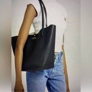 GUESS Purse Large Bag Tote Shoulder Faux Leather Black White NEW